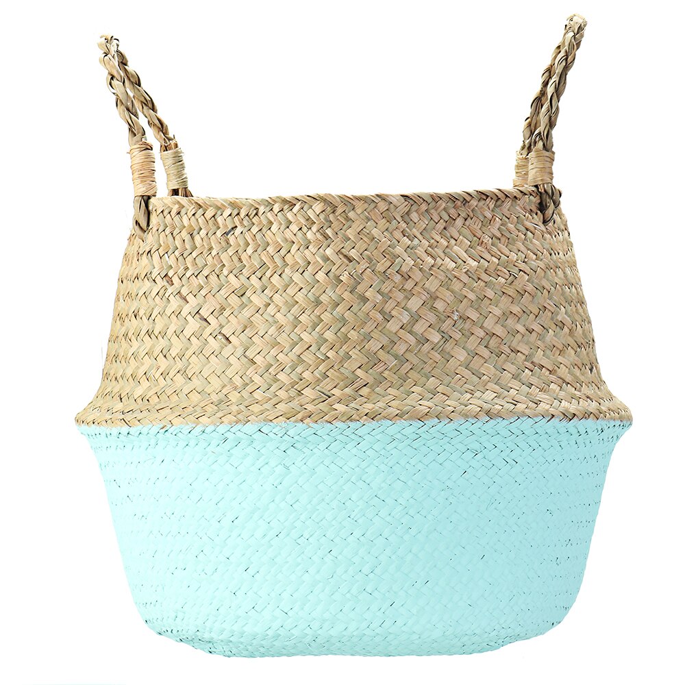 Handmade Bamboo Storage Baskets Foldable Laundry Straw Patchwork Wicker Rattan Seagrass Belly Garden Flower Pot Planter Basket: Blue / M 27X23CM