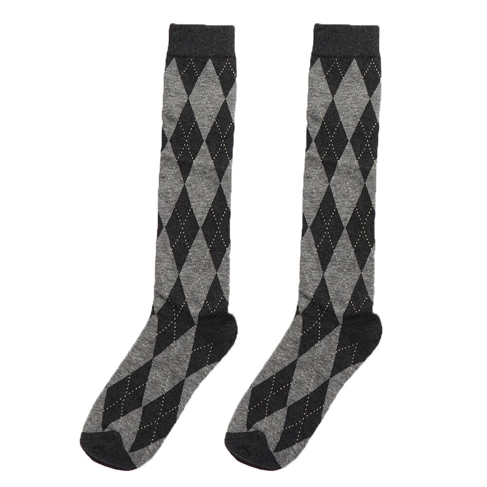 Girl JK Knee High Socks Stockings College Rhombus Plaid Knee Socks Women Keep Warm Female Sock Ladies Long Socks: B-grey black