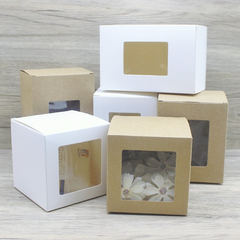Boîte à fenêtre en papier 50 pièces 10x10x10 0/12/15cm, emballage de bonbons en papier kraft/blanc avec fenêtre, emballage de fournitures de fête,