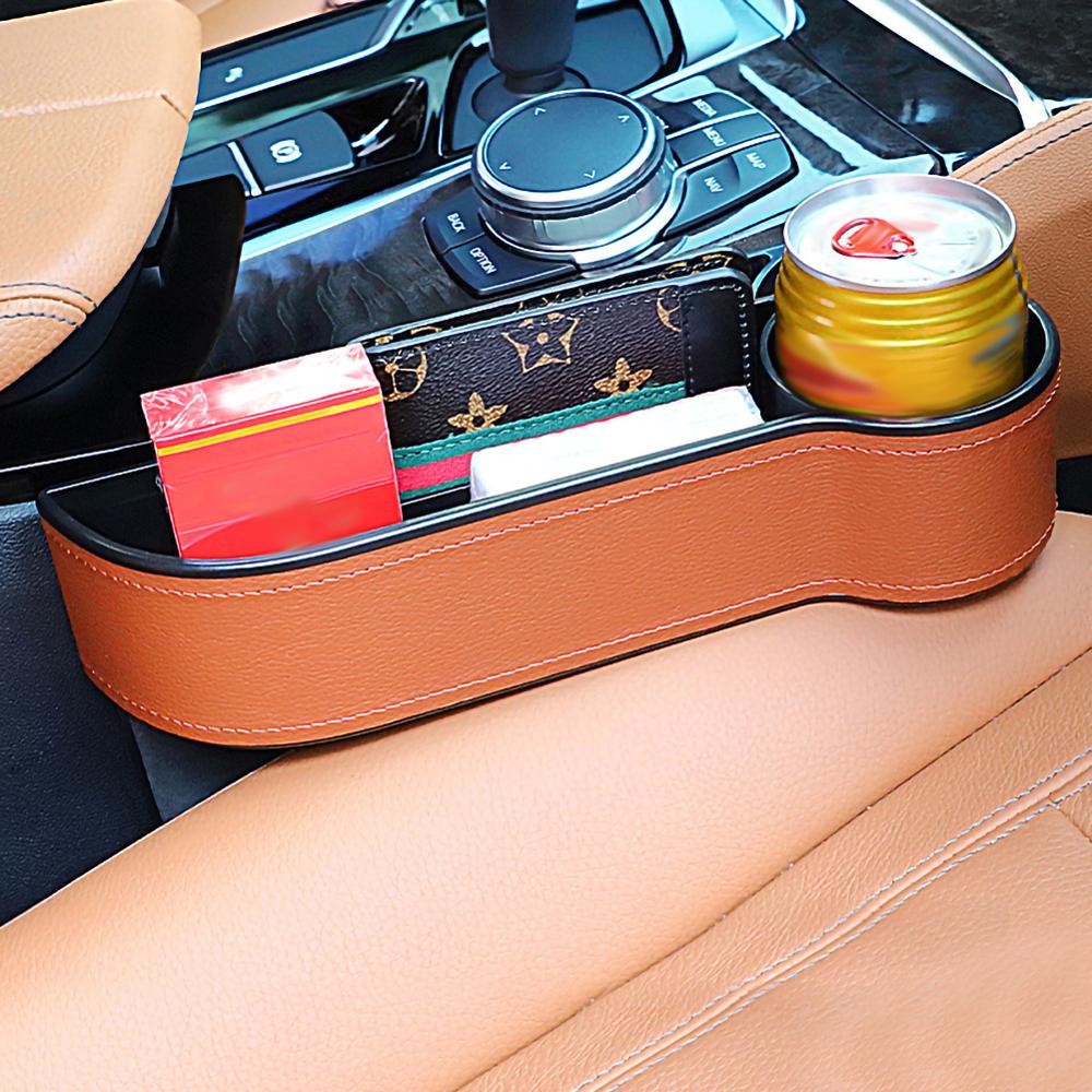 Organizador para espacio de asiento de coche con hendidura, receptor de bolsillo, caja de almacenamiento de cuero PU, soporte para botellas de teléfono, accesorios para interior de coche: brown right