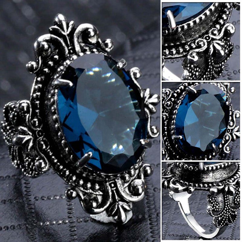 1 Pc Jahrgang Blau Zirkon Schmuck Ringe retro Punk Stil Feine Gans Ei Schmuck Blume Carving Blau Großen Oval Geschnitten peridot