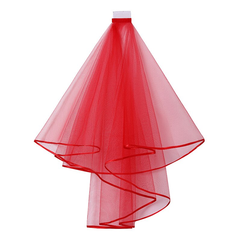 White Ivory Red Black Pink Wedding Veils With Comb Ribbon Edge Bridal Veils 2 Layer Bride Accessories Voile Mariage Welon Slubny: Red