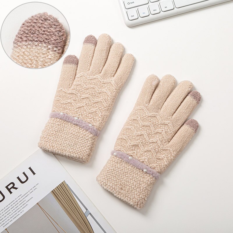 Vinter stickade handskar för kvinnor tjocka varma handskar kvinnlig pärladekoration pekskärm full fingrar handledsvantar damer guantes