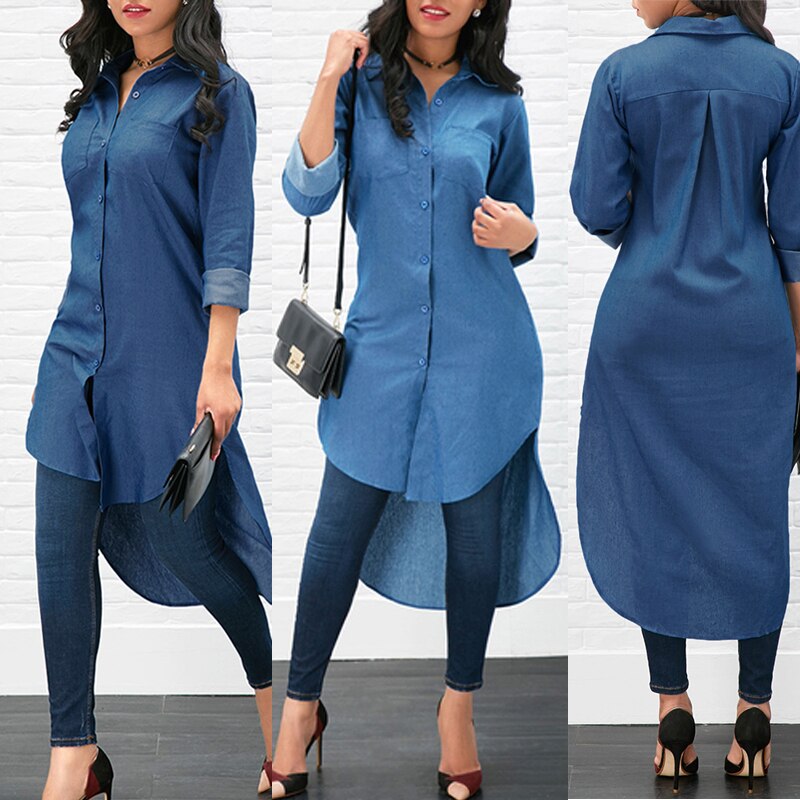 Nova moda feminina denim camisa azul manga longa blusa solta senhora casual jean blusa camisas verão outono camisa longa