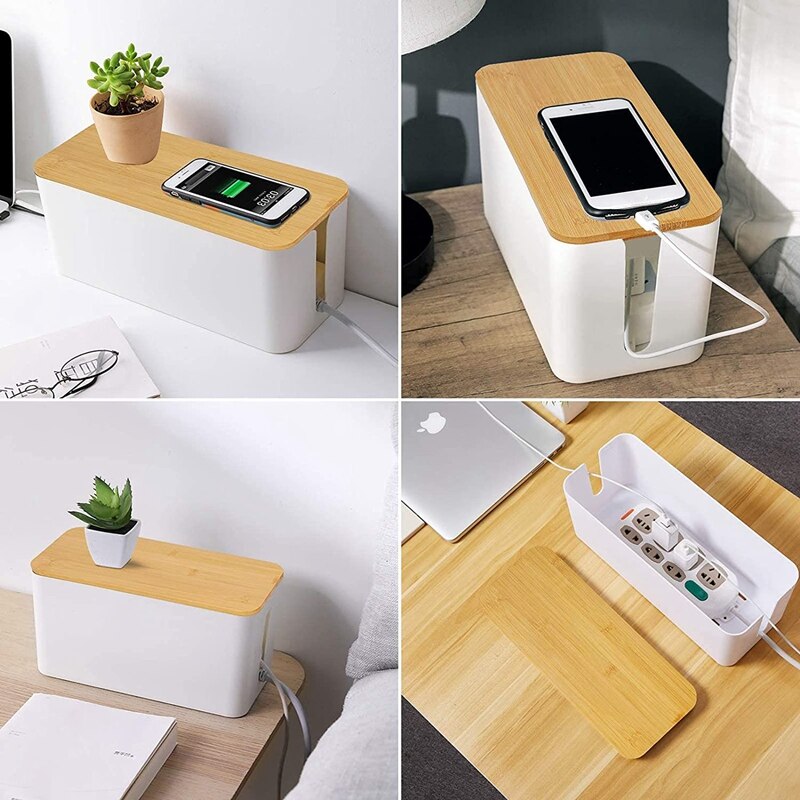 2 Cable Storage Box Large Cable Organizer Box with Bamboo Lid for Hiding Messy Cables Wire Management