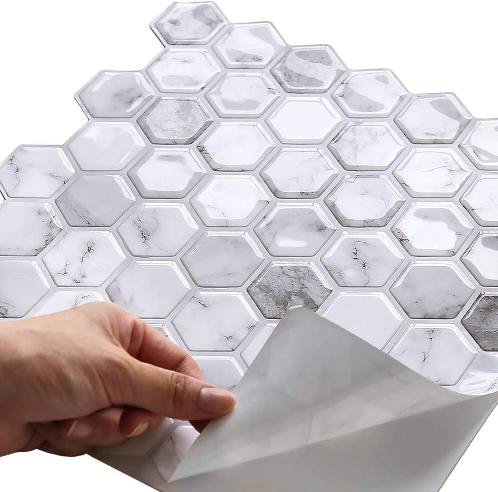 Hexagon White Stone texture Vinyl Sticker Self Adhesive Wallpaper Kitchen Bathroom Square Wall Tiles (1 Sheet)