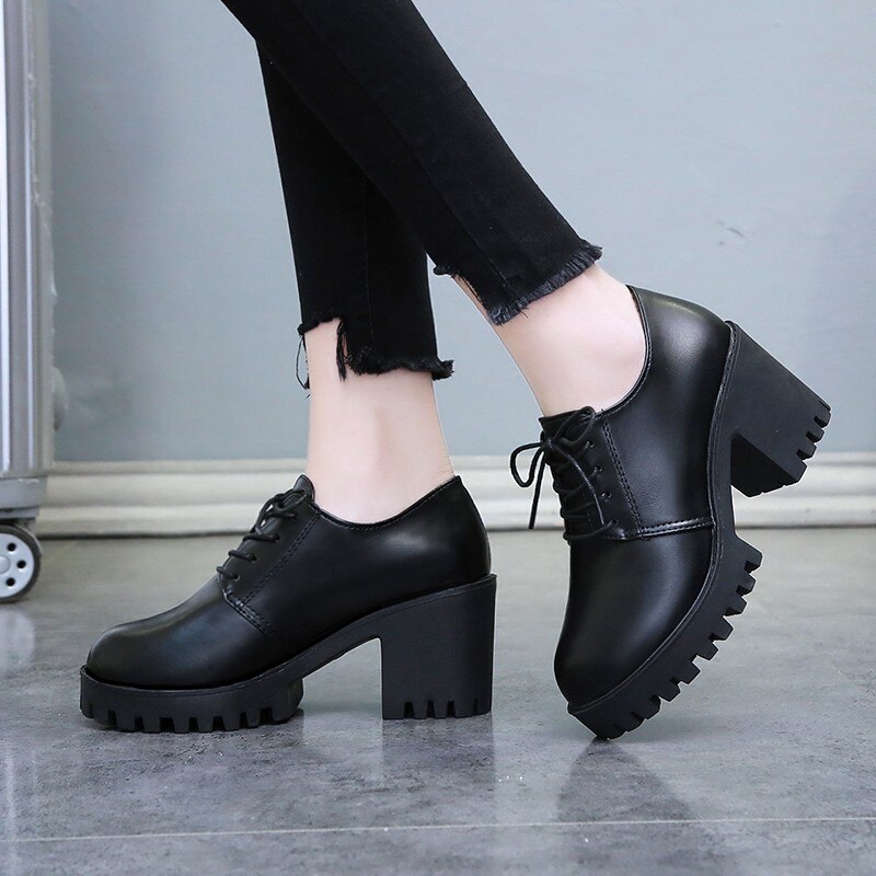 automne femmes chaussures simples femmes à lacets chaussures à talons carrés tête ronde talon haut imperméable à l'eau plate-forme chaussures en polyuréthane