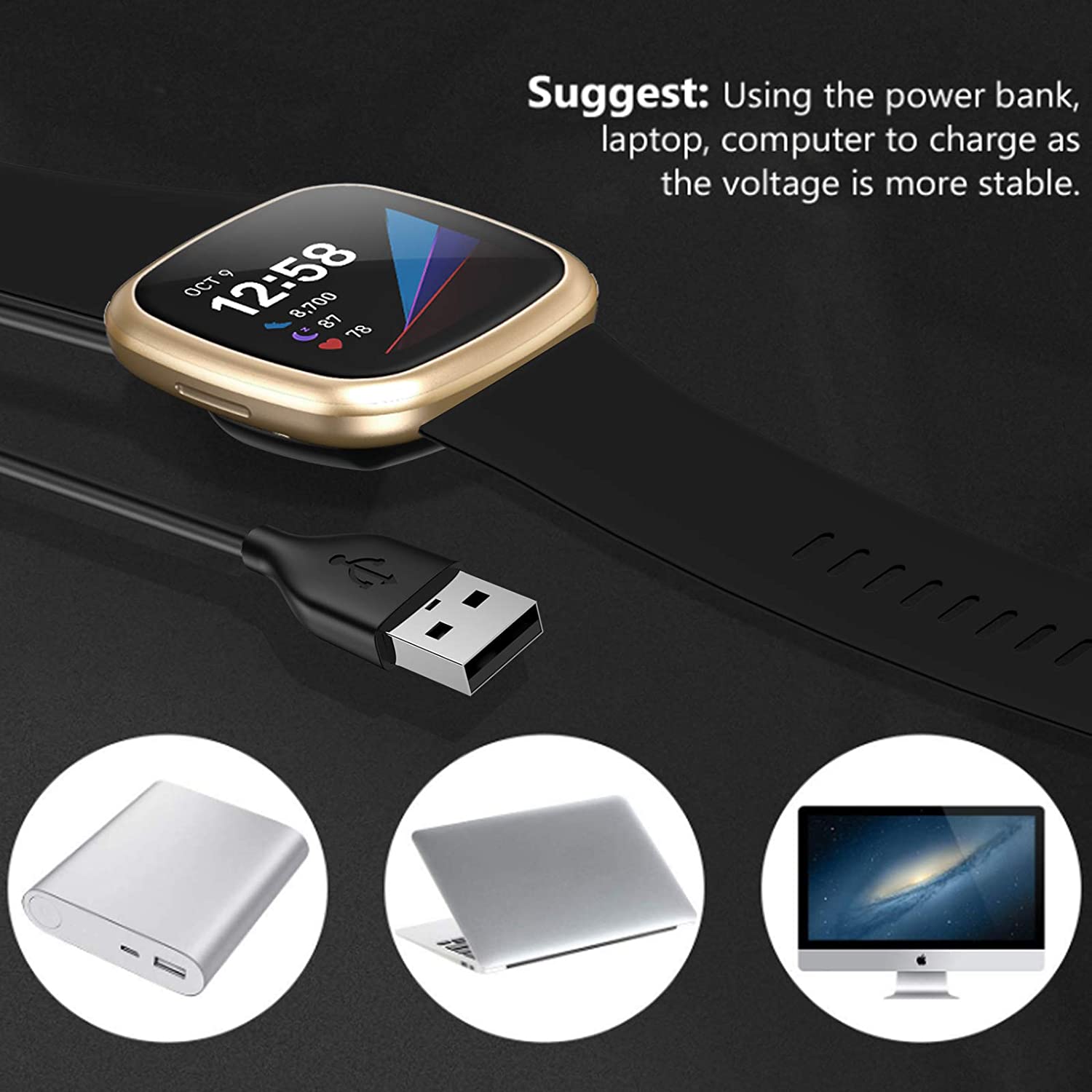 2- pack 1m laddare kompatibel med fitbit versa 3 smart watch usb laddningskabel adapter för fitbit sense ersättningstillbehör