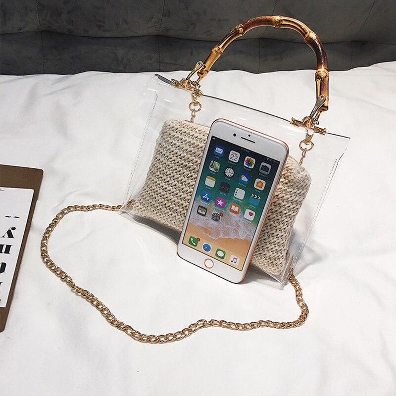 Transparante Tas Voor Vrouwen Handtas Met Bamboe Handvat Zomer Kleine Keten Crossbody Tassen Dames Stro Strand Zakken