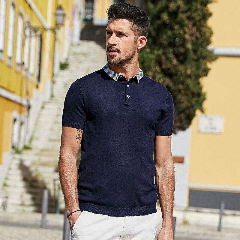 Kuegou herr pikétröjor korta ärmar vit blå randig krage pikétröjor sommar herr slim top plus size az -17060: Djupblå / Xl
