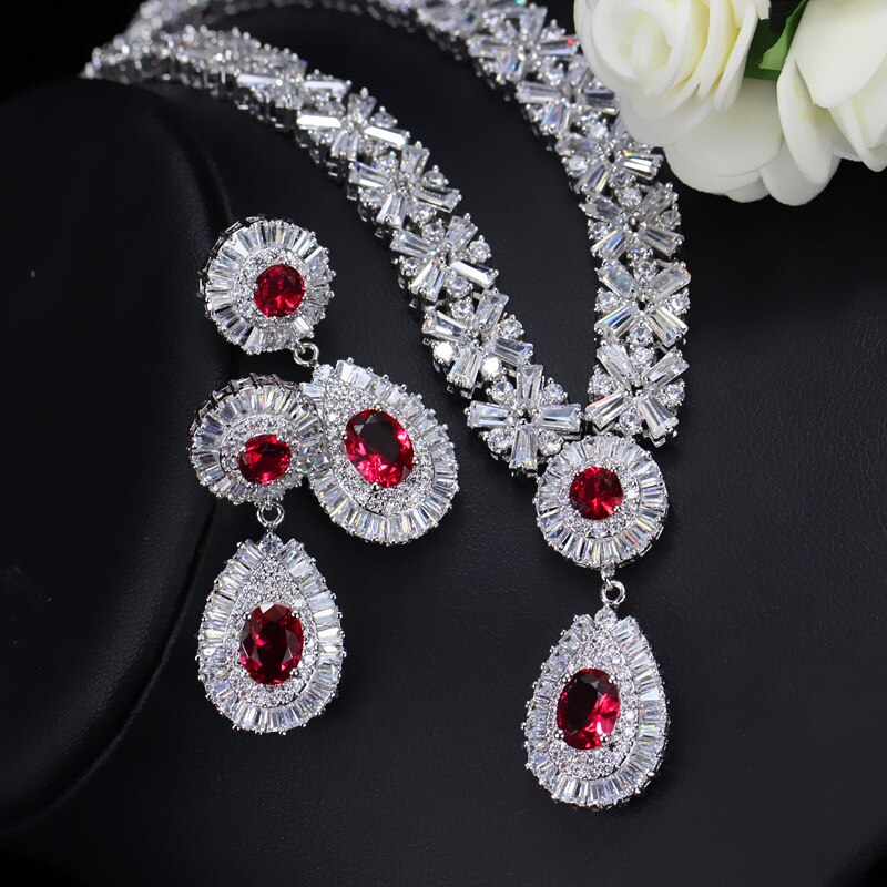 Threegraces Prachtige Zilveren Kleur Cz Grote Royal Blue Water Ketting Oorbellen Afrikaanse Sieraden Sets Voor Bruiden JS029: white gold red