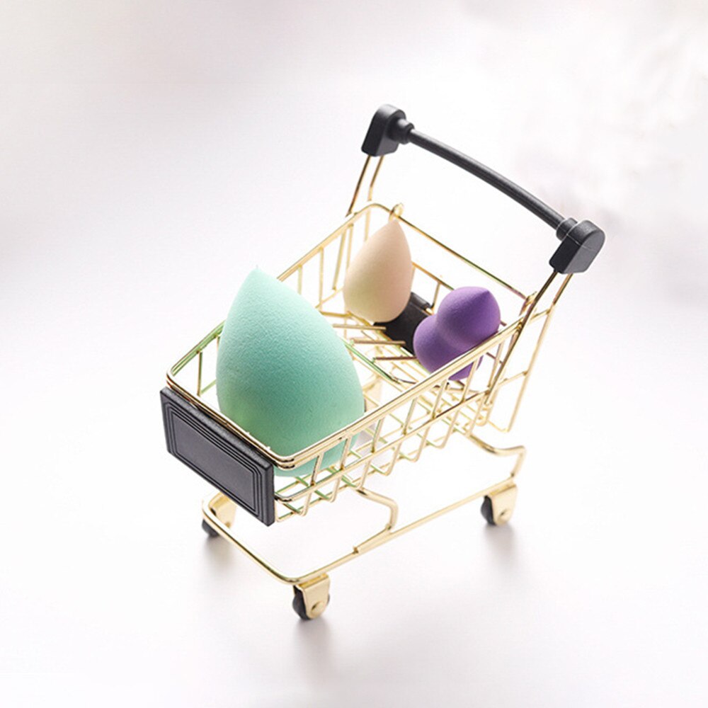 Mini Metal Trolley Rose Gold Storage Basket Small Shopping Cart Style Puff Organizer Basket Desktop Cosmetic Brush Frame