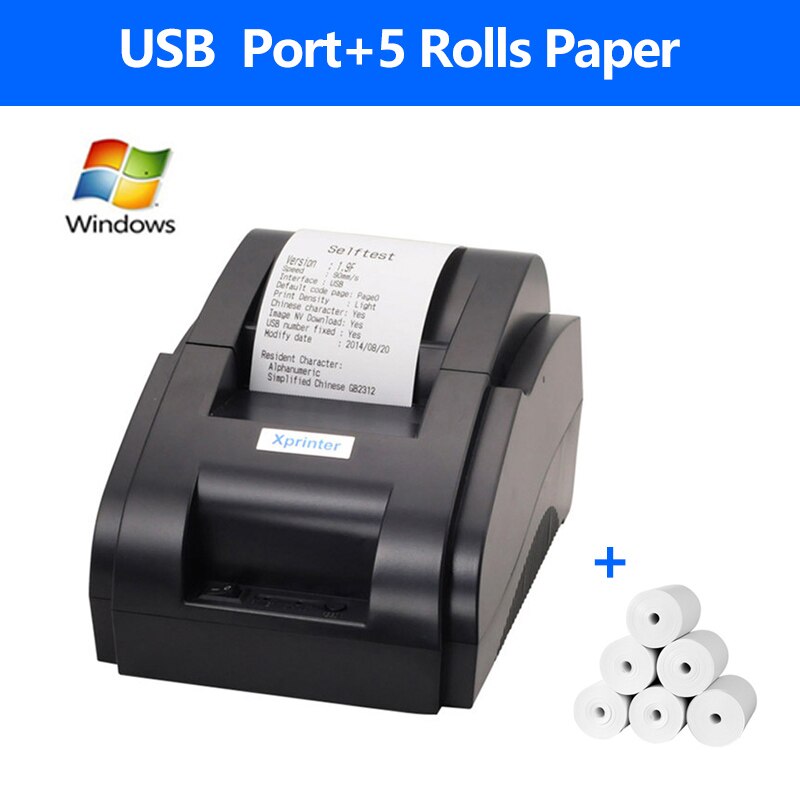 XP-58IIH POS Thermal Direct Printer 58MM Mini Restaurant Bill Receipt Ticket Machine USB &amp; USB+Bluetooth Interface Windows Phone: USB 5 Paper / US plug