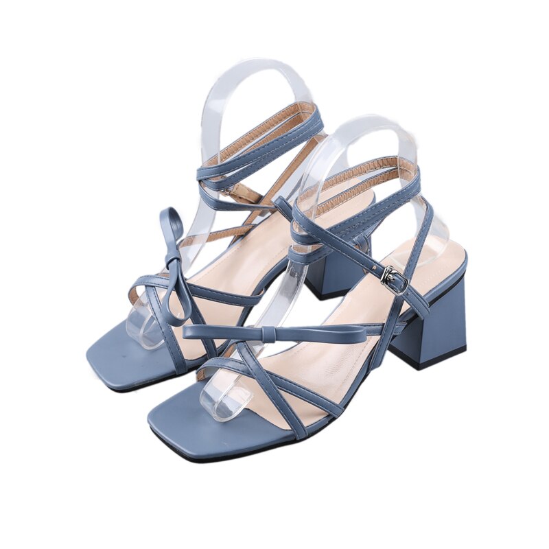 Damesschoenen sandalen zomer stijl lint strik vierkante kop dikke hak kruis veter teen hoge hakken