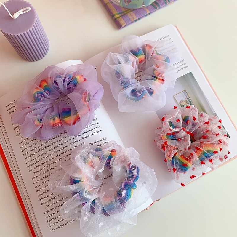 Corea mujeres elástico Kawaii bandas de encaje para el cabello Tie Girls Mesh Scrunchie coleta transparente Arco Iris accesorios para el cabello Headwe