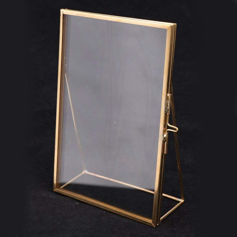 Simple Antique Rectangular Freestanding Transparent Glass Photo Frame for Home Decoration - Gold
