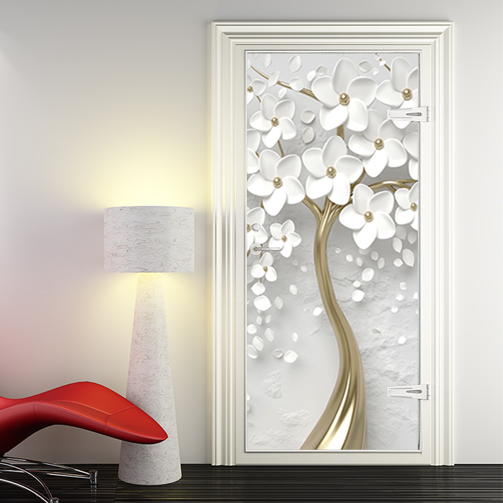 3D Door Sticker Wallpaper Home Decor Floral Mural Wall Decals Kitchen Bedroom Self Adhesive Flower Door Poster Pegatina puerta: Light Green / 50x125cm