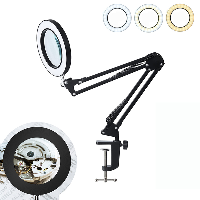 Flexibele Clamp-On Tafellamp Met 10x Vergrootglas Glas Swing Arm Dimbare Verlicht Vergrootglas Led Bureaulamp 3 Kleur modi Lamp