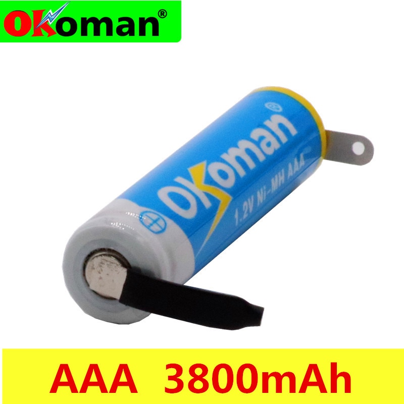 Okoman 1,2 V AAA akku 3800 mah AAA ni-mh zelle mit schweißen Registerkarten Stifte eben oben für spielzeug kabellos telefon + DIY Nickel