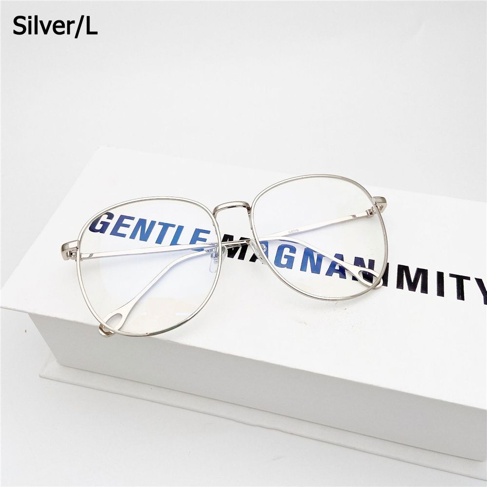 Unisex Big Round Frame Glasses Metal Fram Eyeglasses Women Men Retro Optical Glasses Flat Mirror Eyewear: silver-L