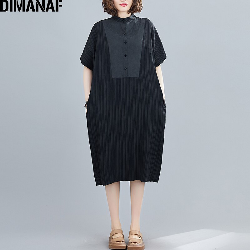 Dimanaf sommer plus størrelse kvinder kjole sundress stribet splejset kvindelig kontor dame vestidos løs afslappet skjortekjole sort