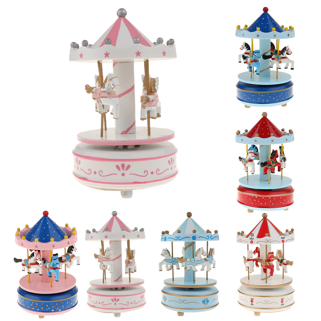 Leuke Houten Musical Box Met Draaibare Carrousel Met Kleine Paarden Wind Up Music Box Kids Schattige -Roze/blauw/Rood