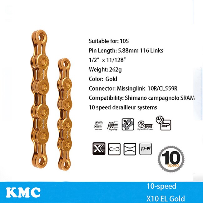 KMC Bicycle Chain X8 X9 X9sl X10 X10sl X11SL X12 Bike Chain For Shimano/SRAM 8 9 10 11 12 speed 116L MTB Road Cycing Chains part: X10 EL gold