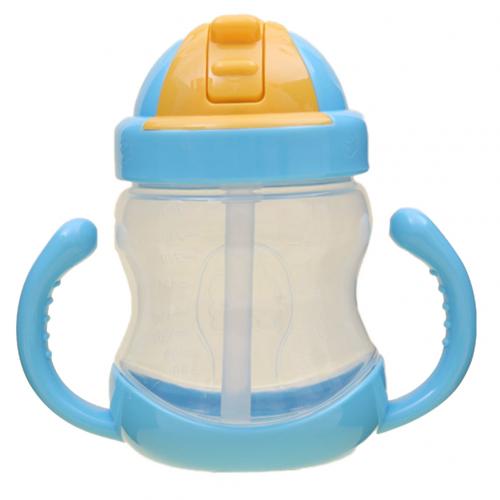 280 ml fodringsflasker med brede mundkopper tæthedsstrå suges vand med håndtag mælkesilikone babyer, der drikker træning: Blå