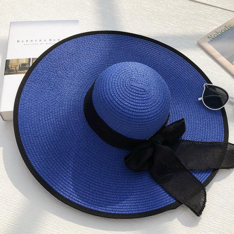 Zomer Panama Hoed Grote Rand Strooien Hoed Floppy Wide Brim Zon Hoeden Strik Strand Opvouwbare Hoeden Caps Voor Vrouwen Chapeu feminino: Blue