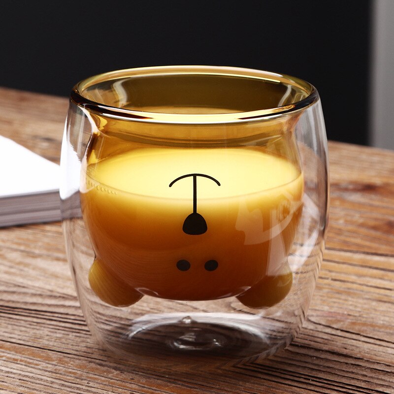 Söt björn dubbelskikt kaffemugg dubbel glas kopp kartong djur mjölk glas dam söt jul: C ljusgul