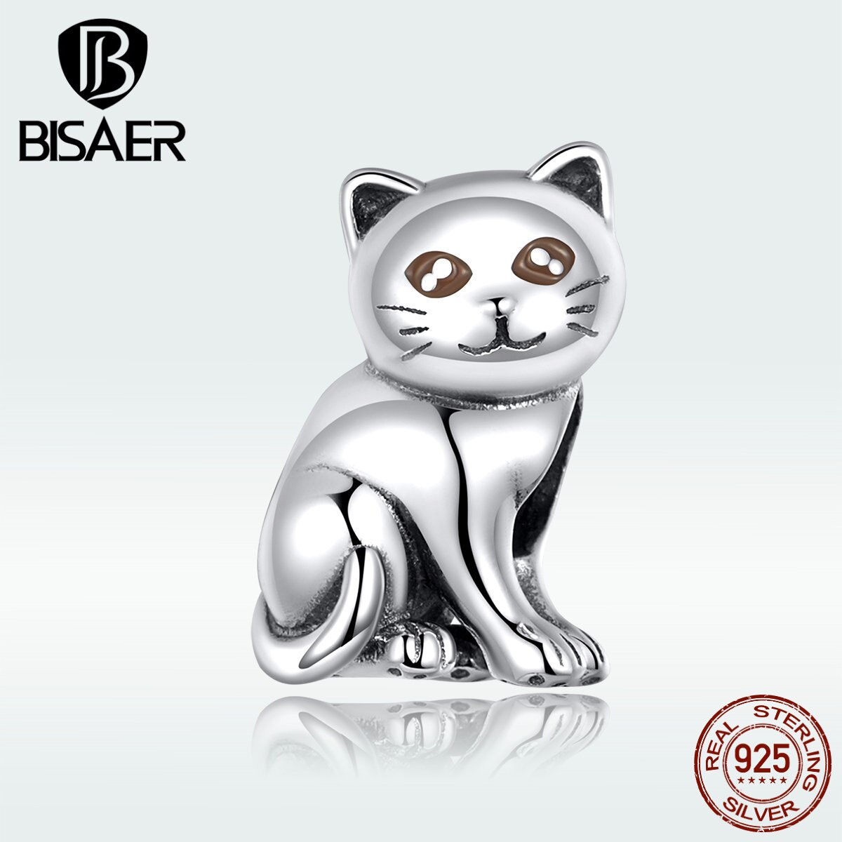 Breloques animaux BISAER 925 argent Sterling chat chatte chaton perles breloques ajustement bracelets porte-bonheur argent 925 bijoux ECC1305