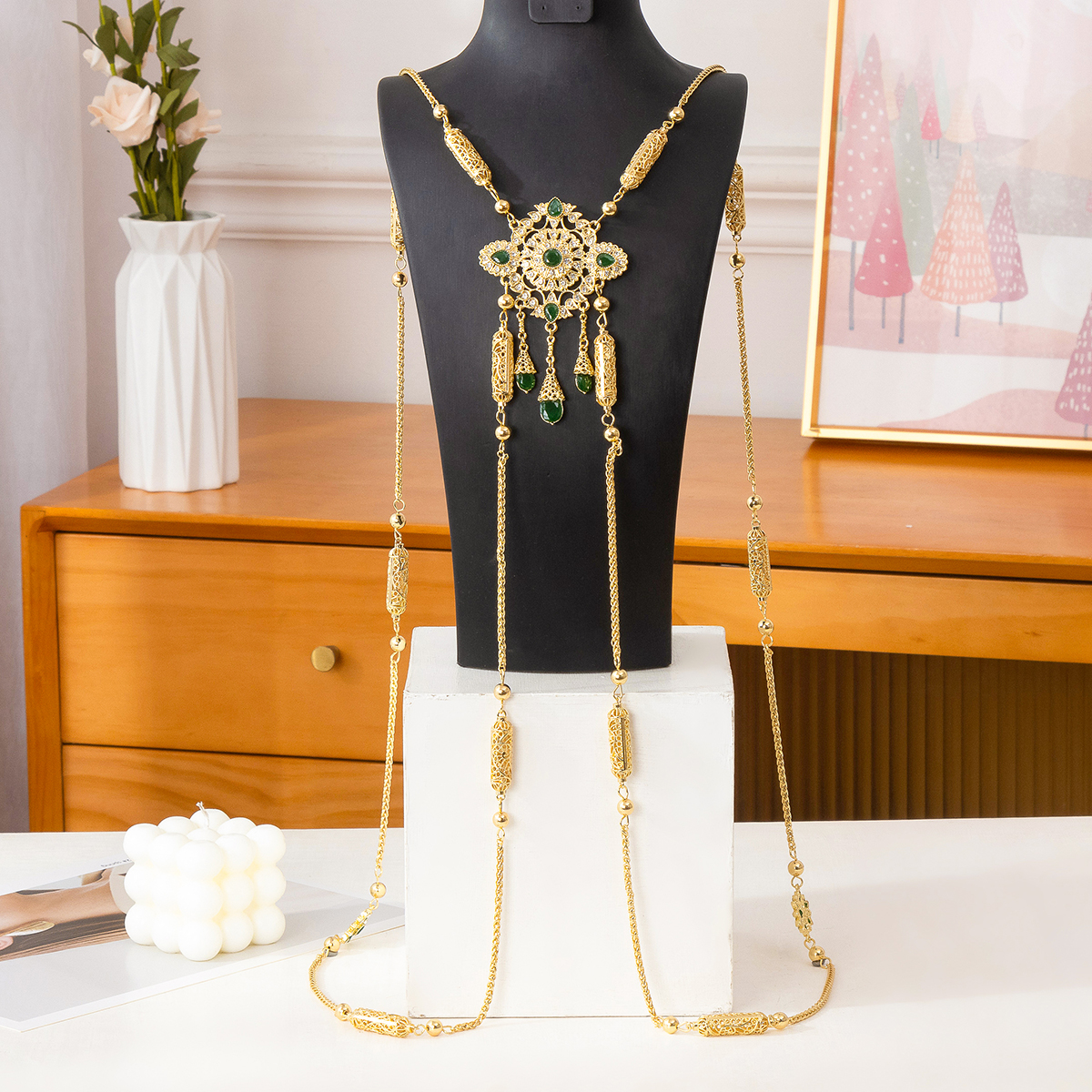 Accessori per il corpo da sposa marocchino in metallo con strass micro-intarsiati fatti a mano con catena da spalla da sposa araba: Rosa colore Oro