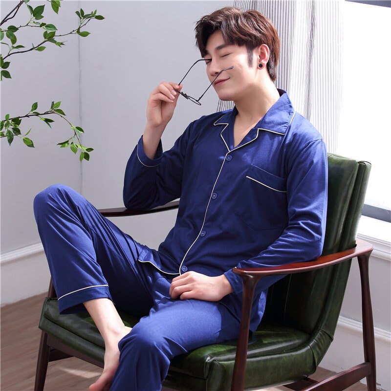 Ensemble pyjama en coton pour homme, vêtement de maison, couleur unie, grande taille, décontracté, ample, à revers, Simple, respirant, printemps, automne