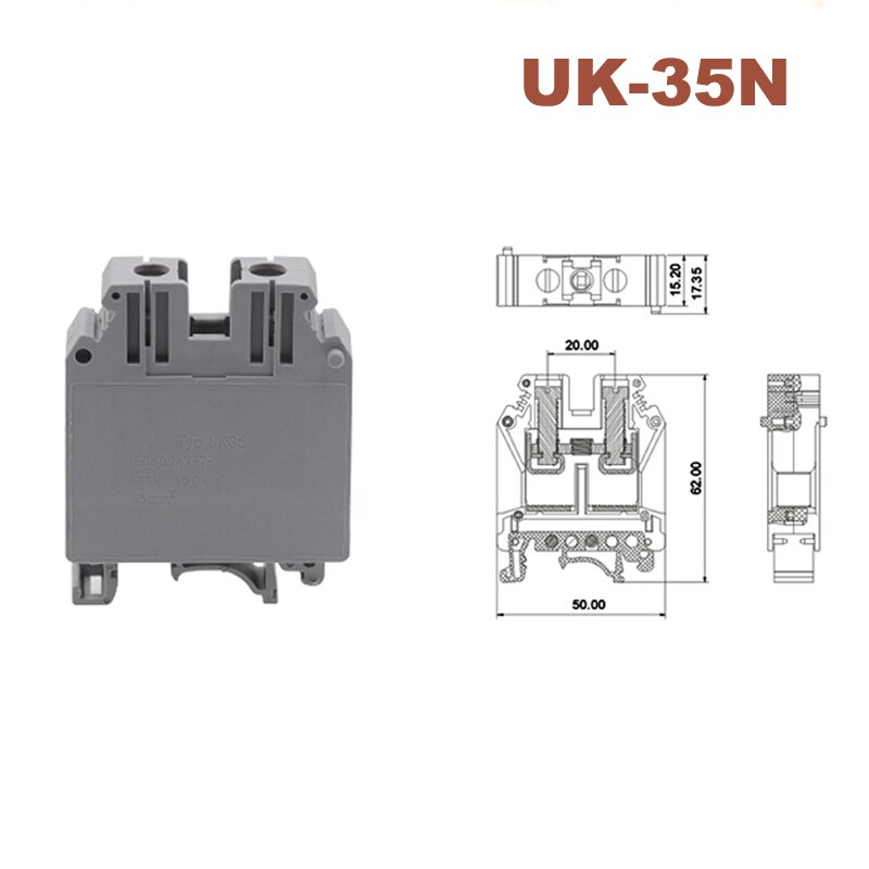 1Pcs Din Rail Universal Screw Terminal Blocks UK-35N Morsettiera Wire Electrical Terminals Connector Brass Bornier 125/150A