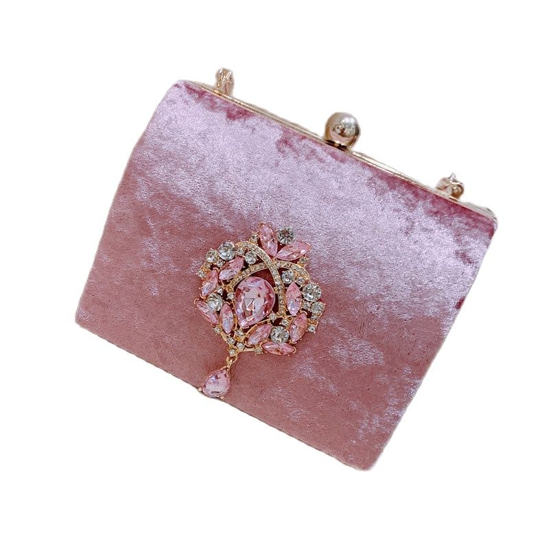 Luxury Boxed Evening Bag Velvet Retro Square Handbag Female Diamond Clutch Bag Gold Wedding Party Purse