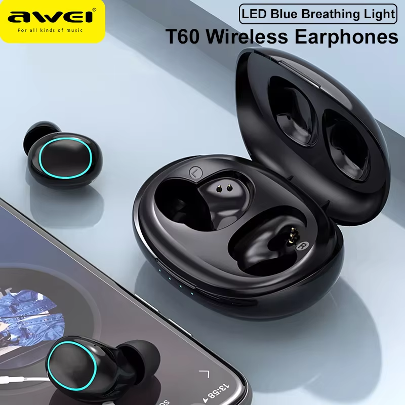 AWei-auriculares T60 con Bluetooth 5,1, cascos inalámbricos TWS, intrauditivos, miniauriculares deportivos con pantalla de luz LED y micrófono