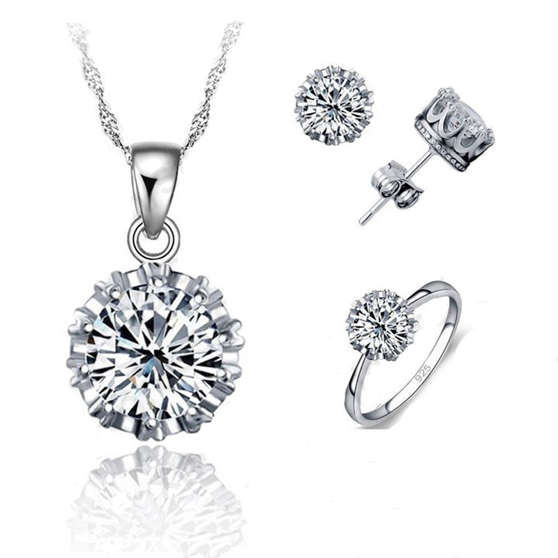 Pure 925 Sterling Silver Cubic Zirconia Round Pendant Necklace Stud Earrings Rings Bague Women Bridal Wedding Jewelry Sets