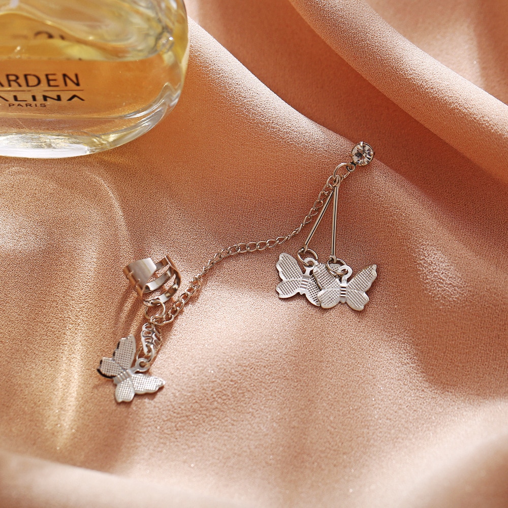 Farfalla di modo Del Pendente Orecchini Del Rhinestone Ear Studs Colore Argento Catena di Collegamento della Cavità Dell'orecchio Pinze Per Le Donne Delle Ragazze del Regalo Dei Monili