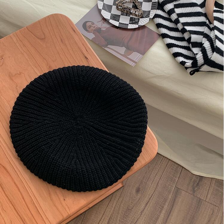 Autumn Winter Soft Knitted French Beret Women Female Solid Korean Knit Warm Berets Version Streetwear Painter Hat: black