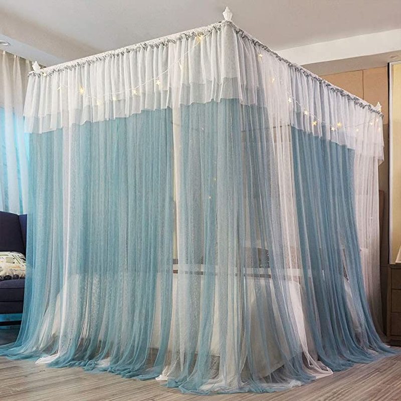 Hemelbed Gordijnen Voor Meisjes Blauw En Wit Gezellige Drape Netting 4 Openingen Klamboe Slaapkamer Decoratie Accessoires
