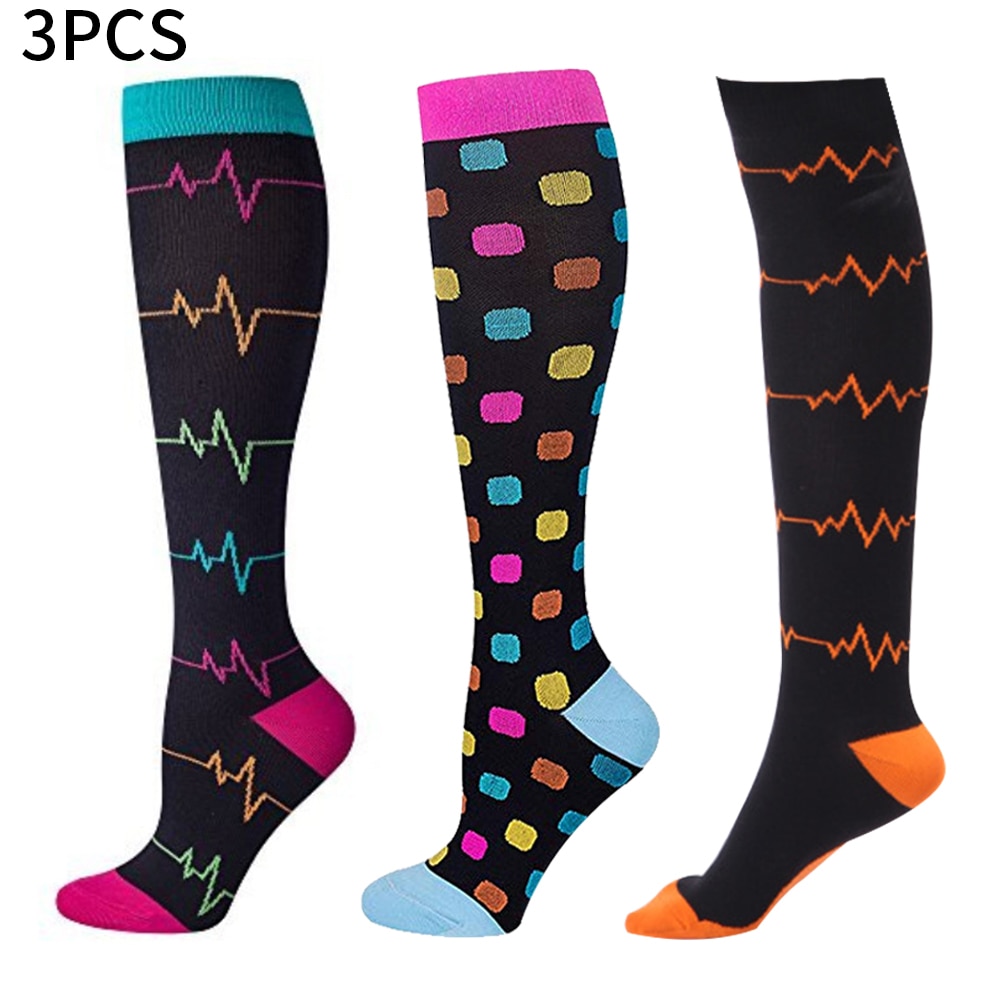 3 Pairs Women Compression Socks Sports Nylon Flight Running Circulation Recovery Printed Stretch Hiking Travel Nursing