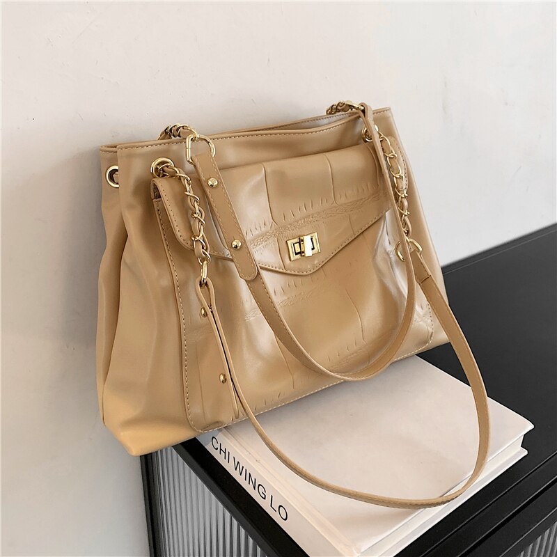 Vrouwen Schoudertas Grote Capaciteit Eenvoudige Handtas Lock Front Flap Vrouwelijke Tas: Abrikoos
