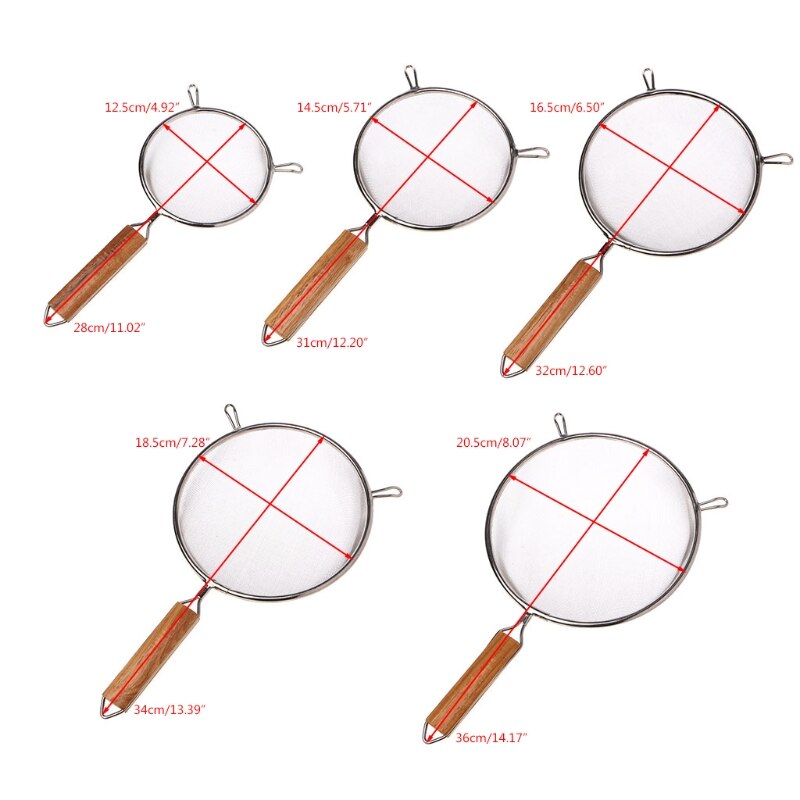 Stainless Steel Double Mesh Strainer Colander Sieve Sifter Wooden Handle 5 Siz For kitchen
