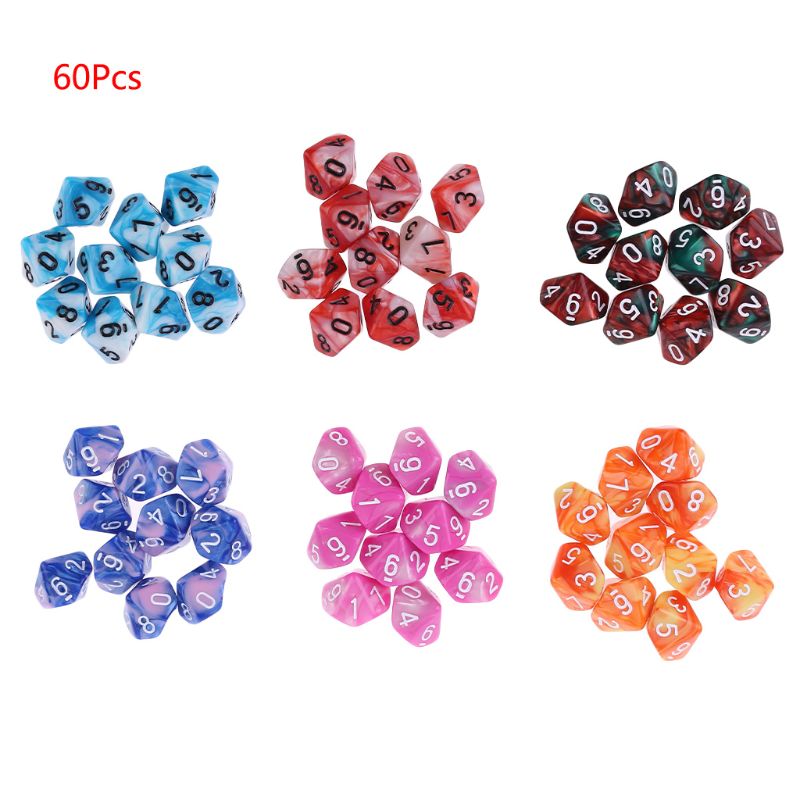 60 stks/set 10 Zijdig D10 Polyhedral Dices Nummers Wijzerplaten Desktop Tafel Bordspel