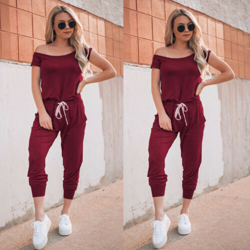 Bodycon kortärmad snygg jumpsuit dambyxa off shoulder solid casual lös playsuit dam