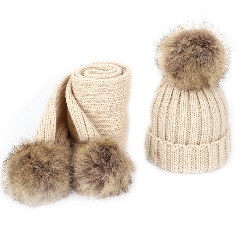 Kinderen Enkele Haar Bal Wollen Muts En Sjaal Set Unisex Verdikte: Beige