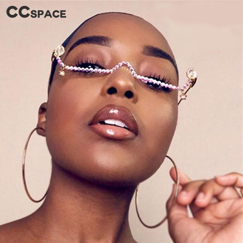 47163 Water Pendant Half Frame Rhinestone Glasses Frame Women Diamond Chain Ladies Shades Lensless Handmade Eyewear