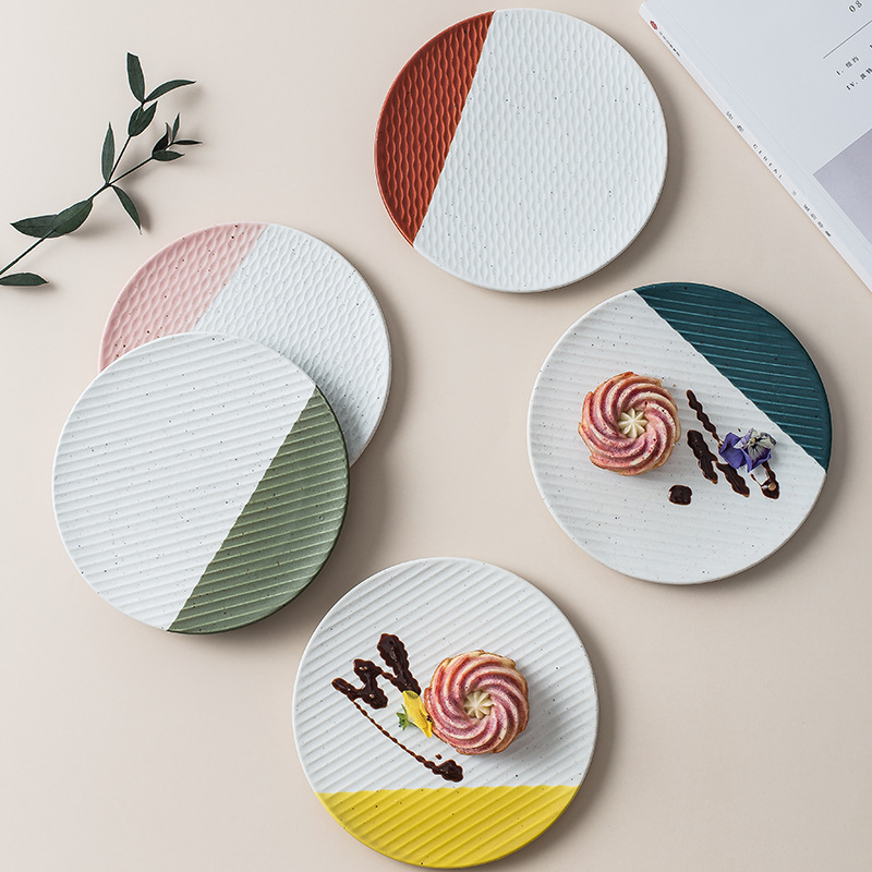 Colorful Dessert Plate Cake Plate Salad Small Flat Plate ware Dessert Round Tableware: Yellow / 02