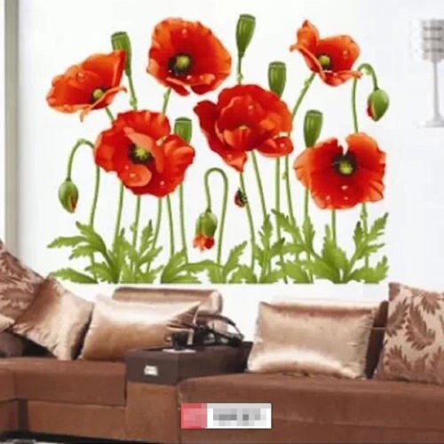 Red Poppy Removable Art Waterproof Bedroom Wall Stickers Home Decor Art Flower Vinyl Mural Wall Decals Removable: Default Title