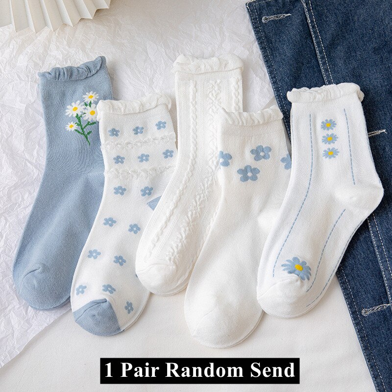 Bloemen Stroken Ruffle Sokken Vrouwen Zomer Dunne Harajuku Streetwear Crew Sokken Blauwe Bloem Print Japanse Kawaii Leuke Vrouw Sokken: 1 Pair Random Send